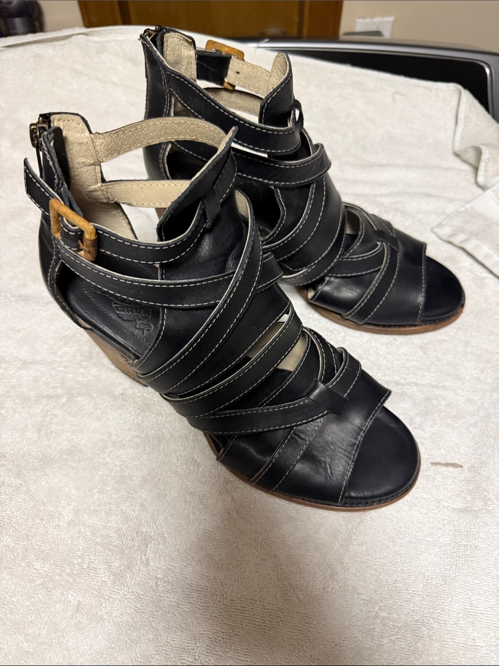 Freebird by Steven Black Leather Strappy Peep-Toe Heels